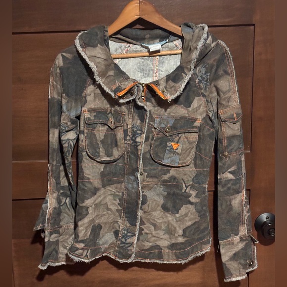 Zoompy Women's Camouflage Utility Jacket with Orange Trim 55% Linen 45%Cotton - Picture 2 of 5